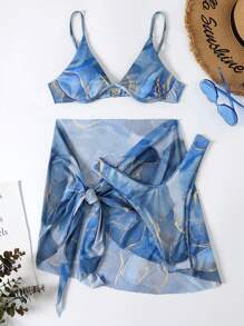 Swim SXY 夏季沙灘3入組大理石印花鋼圈比基尼和沙灘裙 - 彩色 - 查看 6