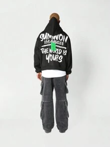 SUMWON Regular Fit Overhead Hoodie With Back Slogan Graphic Print - Black - View 3