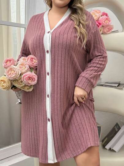 Plus Size Color Block Ribbed Knit Front Button Sleepwear Robe, For Fall, Cozy Outfit