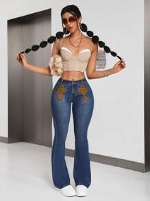 SHEIN ICON Women's Retro Embroidered Flared Jeans