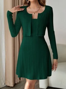 SHEIN Privé Women's Button Front Long Sleeve Jacket And Spaghetti Strap Dress Set - Dark Green - View 1