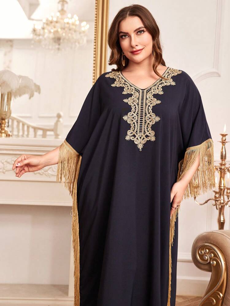 Plus Size Water Soluble Lace Patchwork Fringe Decor Batwing Sleeve Dress Kaftan Jalabiya Dress