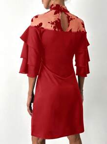EURMUSE Women's Belted Plant Mesh 3/4 Sleeve Dress - Red - View 2