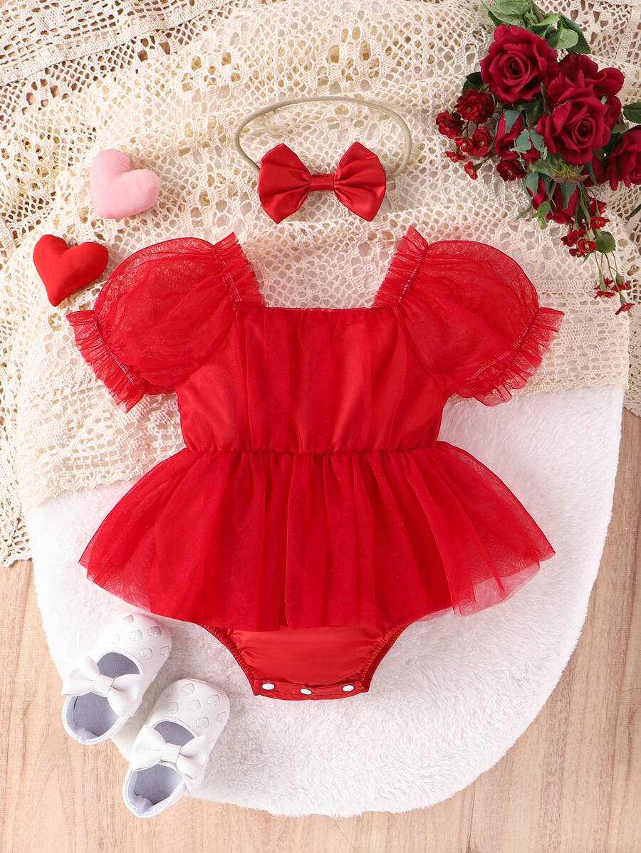 Baby Girl cổ vuông bong bóng tay áo ngắn lưới phủ áo liền quần - Đỏ - Xem 1