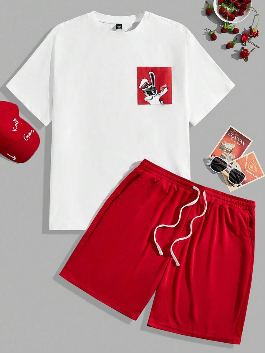 Manfinity VCAY 針織休閒兔子印花圓領短袖t恤和束腰短褲套裝（大尺寸）