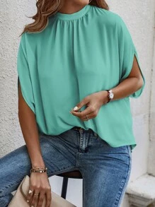 EMERY ROSE Mid-Sleeve Stand Collar Women's Blouse - Mint Green - View 5