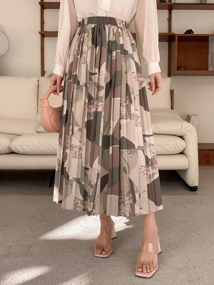 Women's Full Print Geometric Pattern Pleated Skirt,Fall Clothes