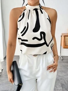 SHEIN Privé Blusa Con Cuello Halter Estampado De Patrón Para Mujer - Multicolor - Ver 4