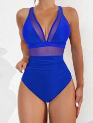 SHEIN Swim Traje De Baño De Una Pieza Con Escote En V Profundo Y Diseño De Malla, Ideal Para El Carnaval
