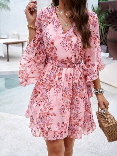 PoPoHouse Printed Ruffle Hem Mini Dress, Women's Lightweight Flare Sleeve With Belt Elegant Vacation Beach Skirt, Suitable For Spring/Summer Daily Wear Pink