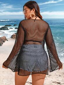 Flirla Plus Size Women's Long Sleeve Hollow Out Cover Up Dress Summer - Black - View 2