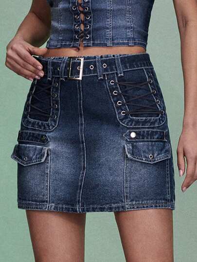 SHEIN BAE 翻蓋口袋扣帶丹寧裙