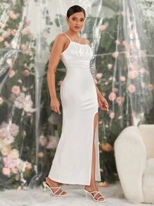 SHEIN Belle White Simple Style Chiffon Spaghetti Strap Wedding Dress - White - View 5