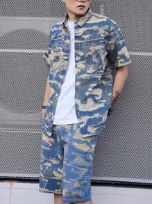 Manfinity Homme Męska koszula dżinsowa z krótkim rękawem, oversize, bawełniana moro, kolorowa impreza