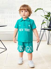 SHEIN Ensemble De Polo À Manches Courtes Et Shorts Pour Bébé Garçon Avec Motif De Lettres Décontracté Pour L'extérieur - Multicolore - Voir 3