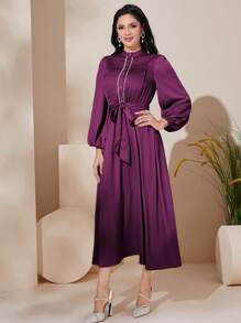 Modelyn 女士純色珍珠釦細節長袖中長款連衣裙 - 中紫紅色 - 查看 4