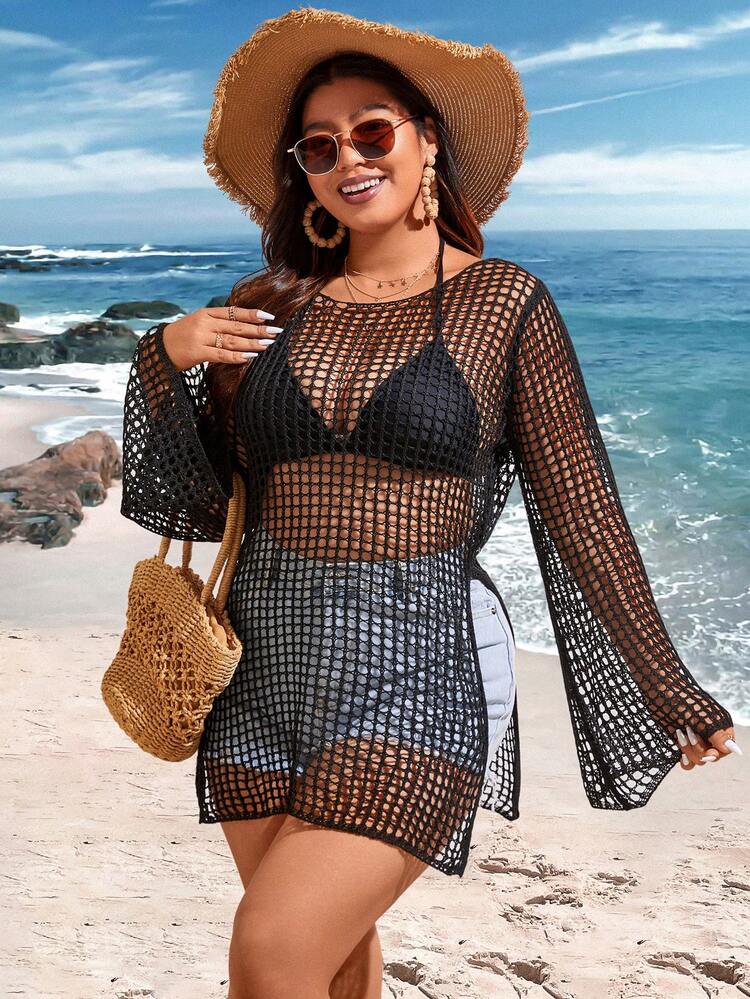 Plus Size Women's Long Sleeve Hollow Out Cover Up Dress Summer