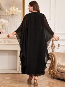 Al Najma Plus Size Batwing Sleeve Dress With Rhinestone Studs And Hot Drilling Detail - Black - View 2