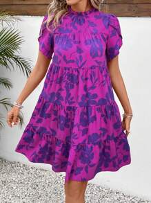 SHEIN LUNE 花朵印花花蕾袖連身裙 - 黑色 - 查看 4