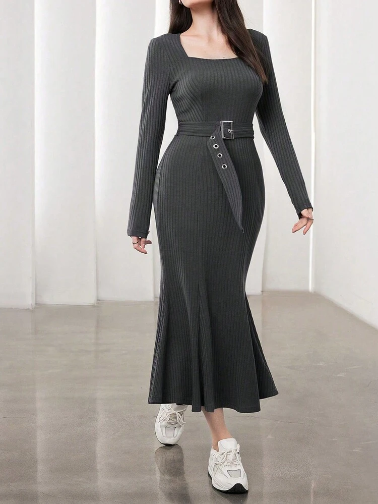 Ladies' Solid Color Ribbed Knit Mermaid Hem Belted Dress