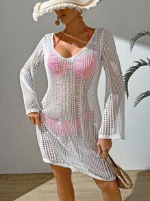 Breezaya Ladies' Hollow Out Long Sleeve Sweater Dress Fall Cloth For Women - White - View 4