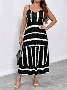 SHEIN LUNE Kích thước lớn Của phụ nữ Nhuộm buộc Sọc Váy Dây - màu đen - Xem 4