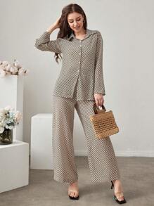 Mulvari 女士几何印花长袖衬衫和裤子两件套 2 件套 - 卡其色 - 查看 5