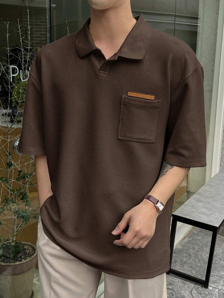 Men's Textured Short Sleeve Polo Shirt With Pocket,Fall Clothes