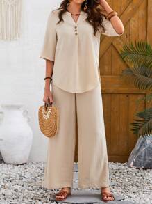 EMERY ROSE Của phụ nữ Màu thuần Cổ áo có khía Ngắn tay Áo Và Quần Hai chiếc Bộ - Màu Khaki - Xem 4