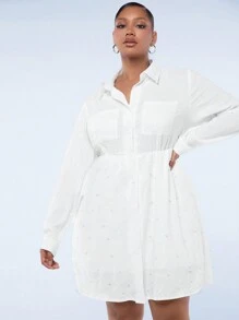 SHEIN SXY Plus Size Women's Loose A-Hem Beaded Shirt-Style Resort Dress