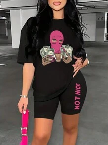 SHEIN Women's Patterned Print Round Neck T-Shirt And Shorts Set