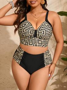 SHEIN Swim Curve Summer Beach Plus Size Geometric Print Bra And Swim Trunks/Bikini Set - Multicolor - View 5