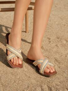 Styleloop Women'S Stylish Metal Braided Rivet Cross Vacation Spring And Summer Flat Sandals Comfortable Flat Slippers