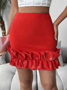 Breezaya Falda De Cintura Alta Para Mujer Con Dobladillo De Volantes - Rojo - Ver 5