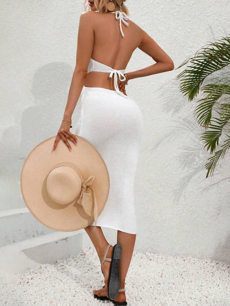 Women's White Backless Halter Neck Sweater Dress