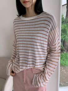 Dazy Tall 女士条纹宽松薄款针织毛衣圆领长袖秋装 - 彩色 - 查看 4