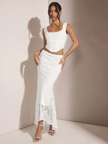SHEIN BAE 女用不對稱蕾絲魚尾裙 - 白色 - 查看 3