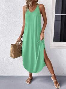 EARO European & American Elegant Style Fashion Minimalist Casual Sleeveless Long Solid Color Dress, Commuting Slip Dress, Spring/Autumn New Vacation Versatile Knit High Stretch Tie-Waist Slim Fit Comfortable Lining Dress