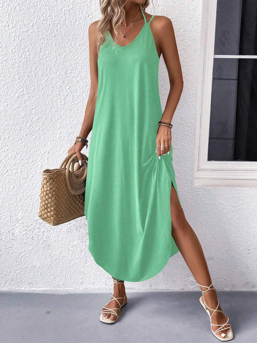 EARO European & American Elegant Style Fashion Minimalist Casual Sleeveless Long Solid Color Dress, Commuting Slip Dress, Spring/Autumn New Vacation Versatile Knit High Stretch Tie-Waist Slim Fit Comfortable Lining Dress