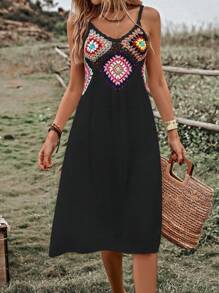 SHEIN Swim 幾何圖案勾織拼接吊帶罩衫連衣裙 - 黑色 - 查看 5