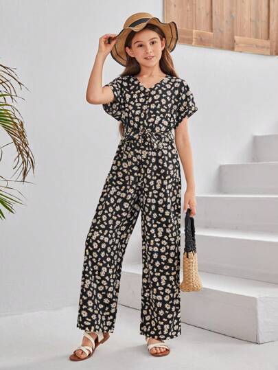SHEIN Tween Girl Daisy Pattern V-Neck Half Placket Jumpsuit With Detachable Belt