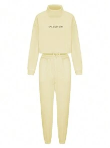 SHEIN EZwear 女士標語印花下落肩長袖運動衫和運動長褲套裝 - 米色 - 查看 6
