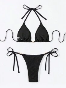 SHEIN Swim Women's Solid Color Halter Bikini Set, Separated Summer Beach - Black - View 4