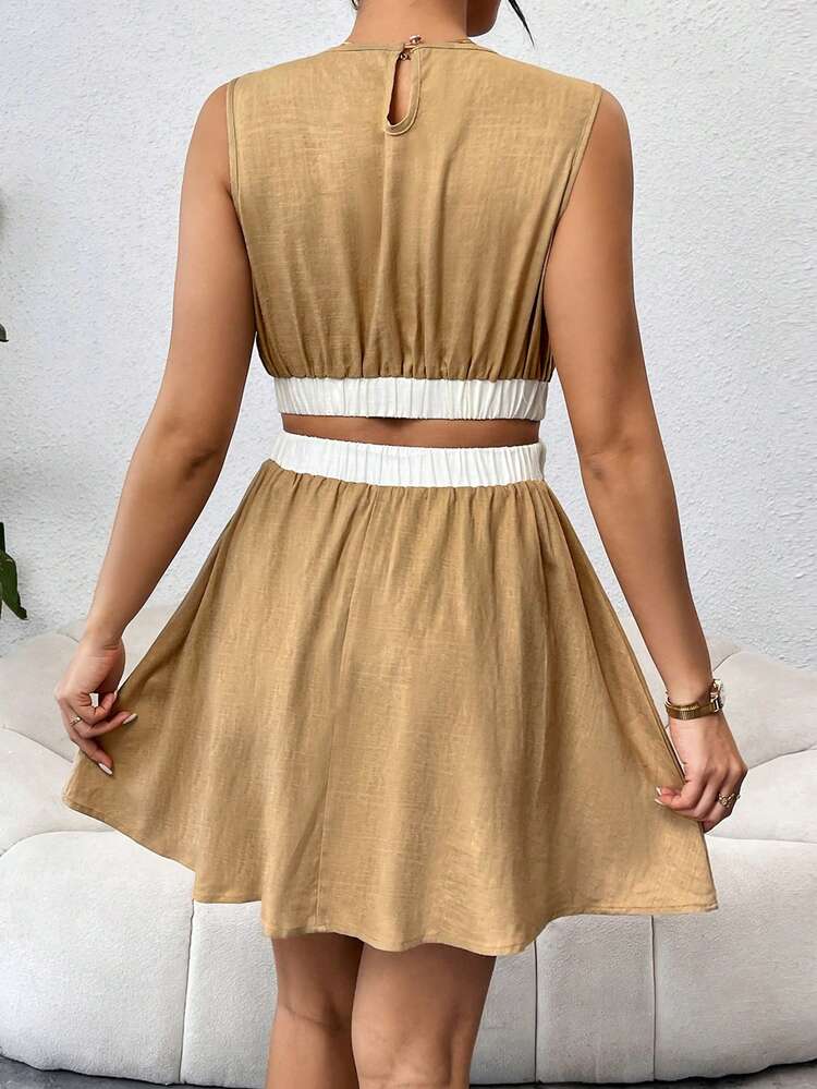 Ladies' Summer Clothes Vacation Color Block Hollow Out Sleeveless Dress, Linen Fabric