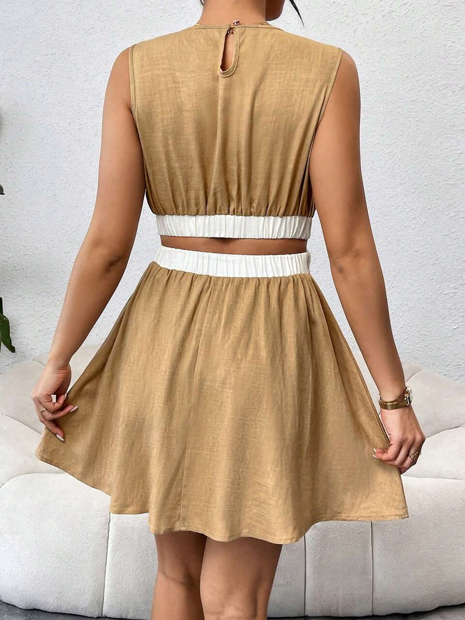 Ladies' Summer Clothes Vacation Color Block Hollow Out Sleeveless Dress, Linen Fabric