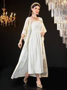Al Najma 女款純色細肩帶洋裝搭配金箔印花外套 2件組套裝 - 白色 - 查看 6