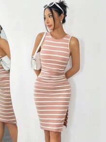 SHEIN EZwear Women's Striped Knit Sleeveless Dress - Pink - View 5