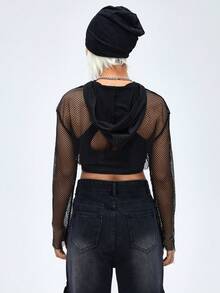 SHEIN Coolane 1 Miếng Siêu crop Lưới áo có mũ Áo Đối với phụ nữ - màu đen - Xem 2