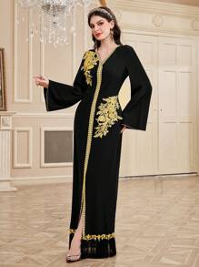 Al Najma Women's V-Neck Bell Sleeve Fringed Hem Jalabiya Dress, Elegant Evening Party Dress - Black - View 9