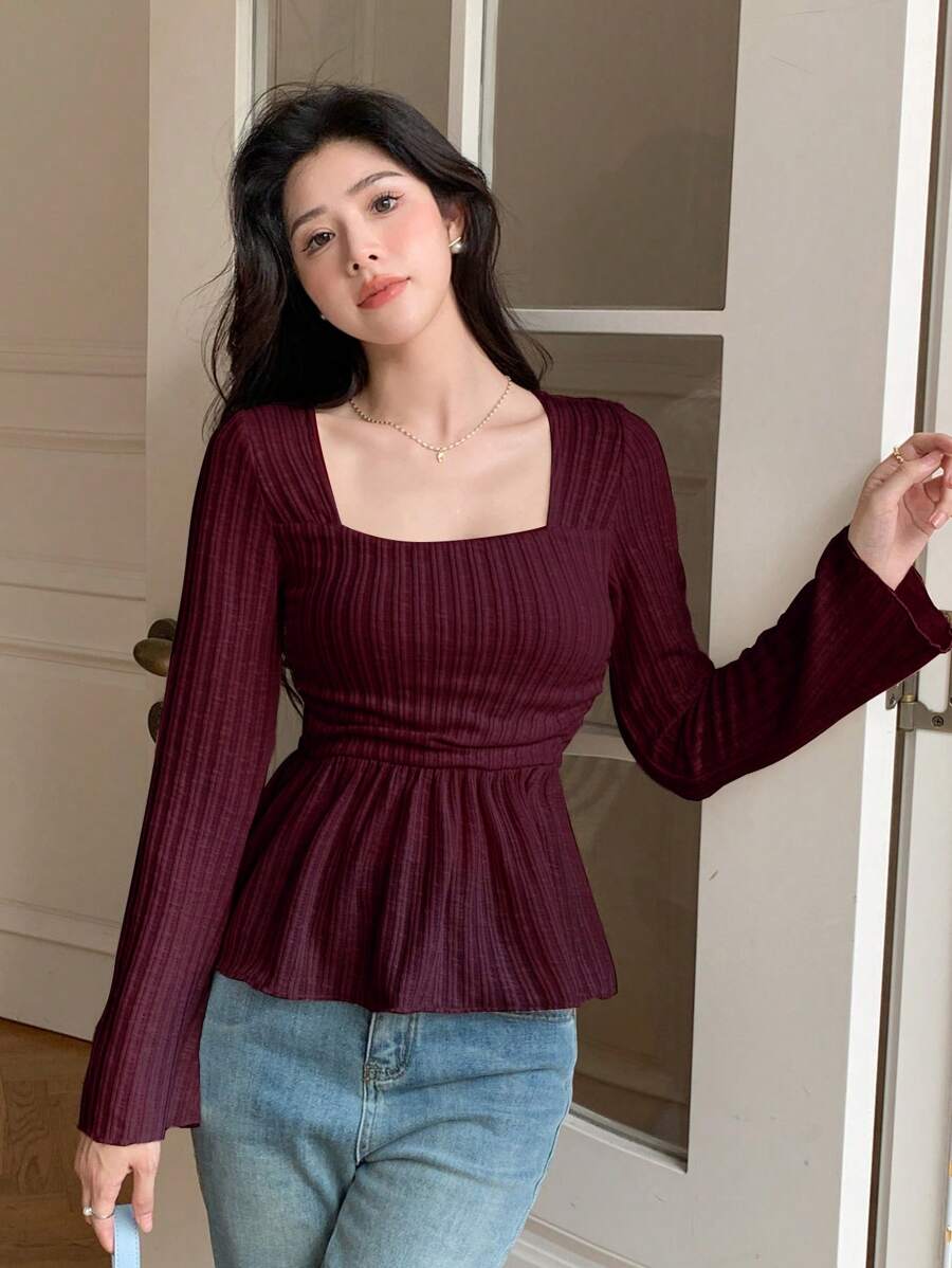 DAZY Women's Square Neck Long Sleeve T-Shirt With Ruffled Hem,Fall Clothes,Babydoll Top Cute Tops - Red - View 1